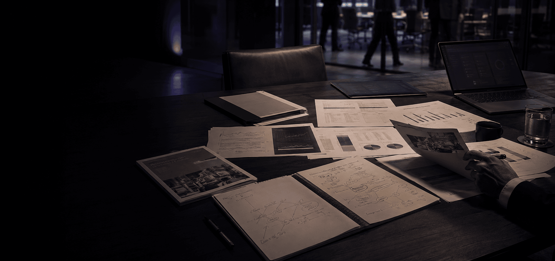 Executive workspace with reports, forecasts, charts and handwritten decision notes spread across a table