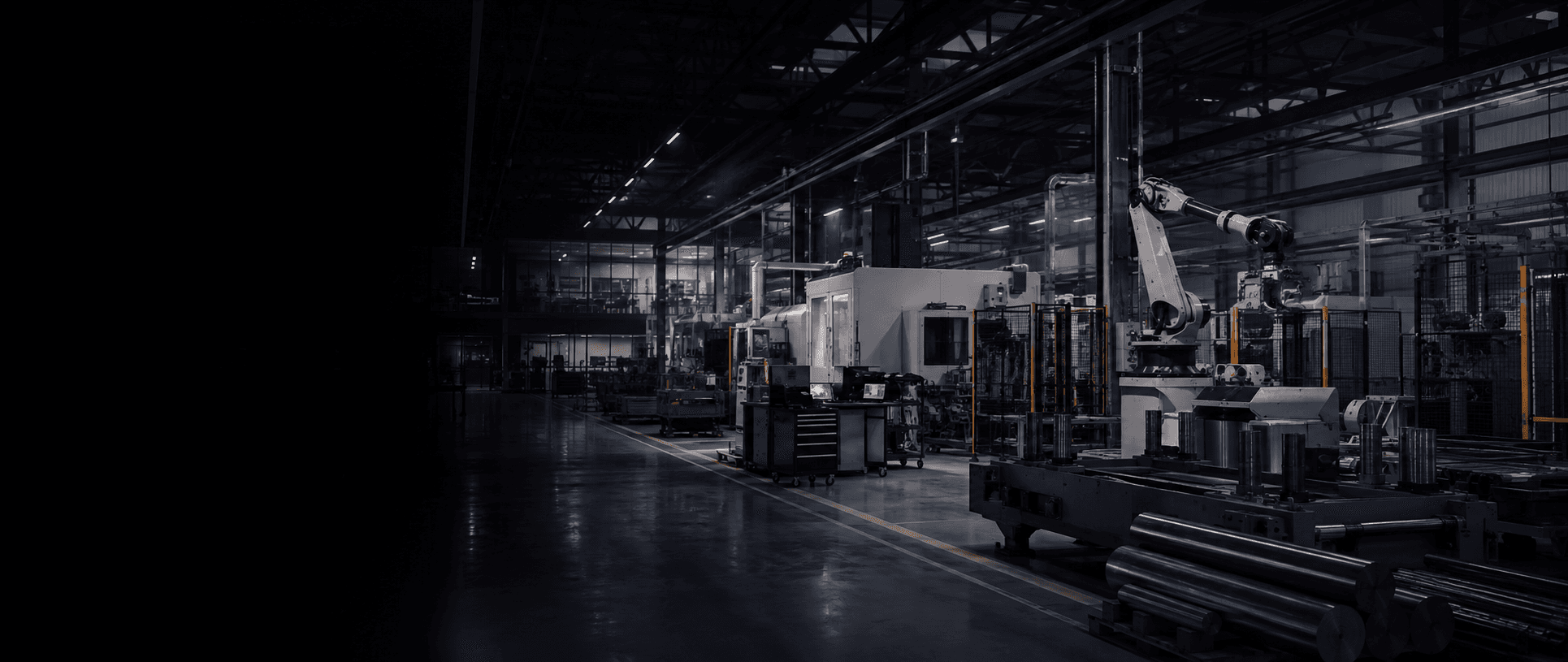 Modern manufacturing facility with production machinery and an industrial robot